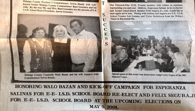 Amparo and Walo Bazan posing with Hidalgo County Commissioner Sylvia Handy at Bazan campaign event in 2001.