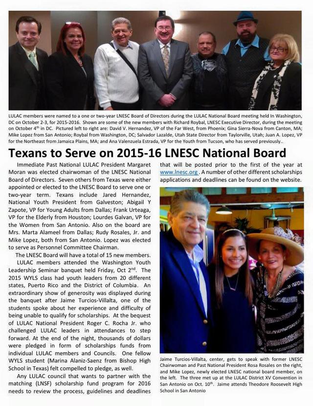 Valenzuela appointed to the Board of the LULAC National Educational Service Centers, 2015.