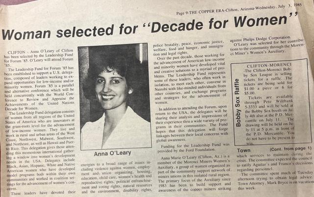 O’Leary was selected to attend the Decade for Women conference in Nairobi, Kenya, in 1985.