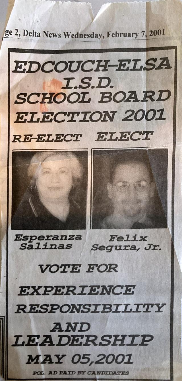 Political ad in local newspaper promoting Esperanza Salinas’s re-election campaign for school board.