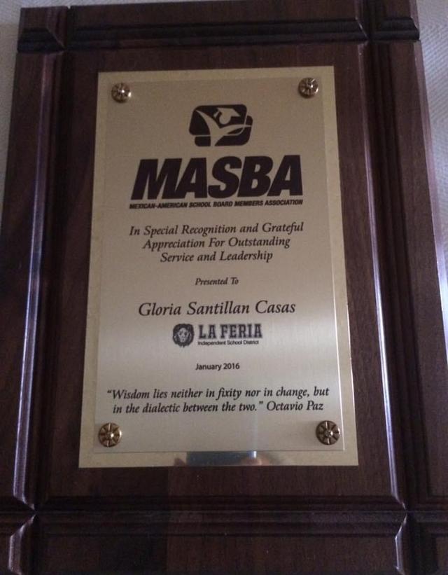 Award given to Casas from the Mexican American School Board Members Association.