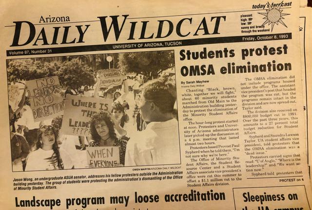 Protesting elimination of office of student affairs. Grace is holding “Where is Leadership” Sign. 1994.