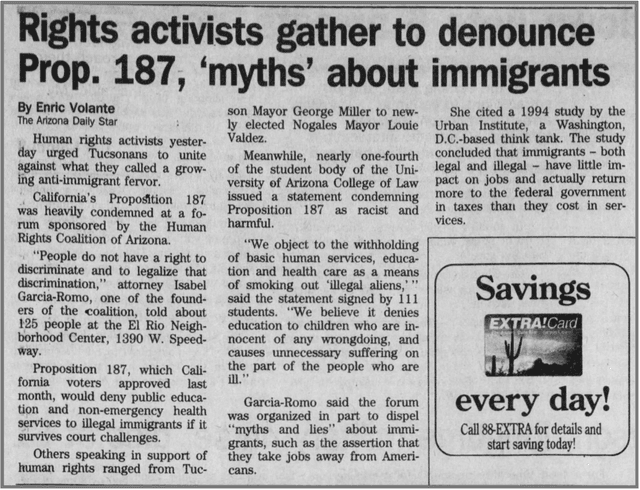 Arizona Daily Star quotes Garcia, a founder of the Human Rights Coalition of Arizona, denouncing Proposition 187 in 1994.