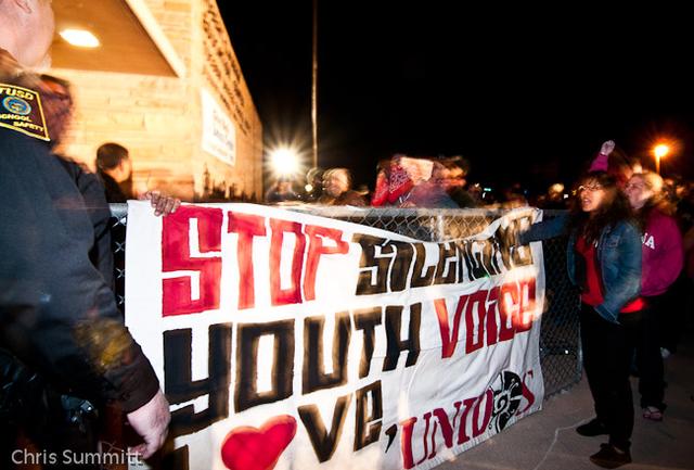 Protest in front of Tucson Unified School District Board Meeting, 2012. Photo by Chris Summitt.