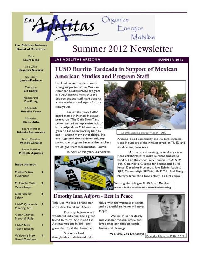 Las Adelitas 2012 newsletter featuring story about their “Burrito Tardeada”.