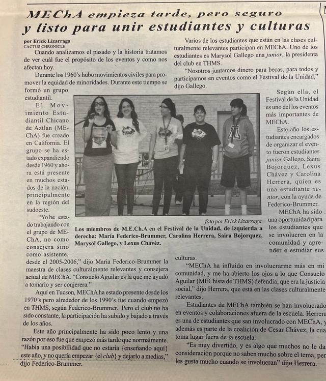 Tucson High School Cactus newspaper article about MEChA, in Spanish.