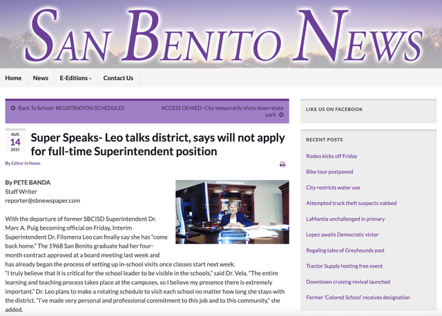 News Clipping of Leo taking on the Interim Superintendent of Schools position in San Benito, Texas.