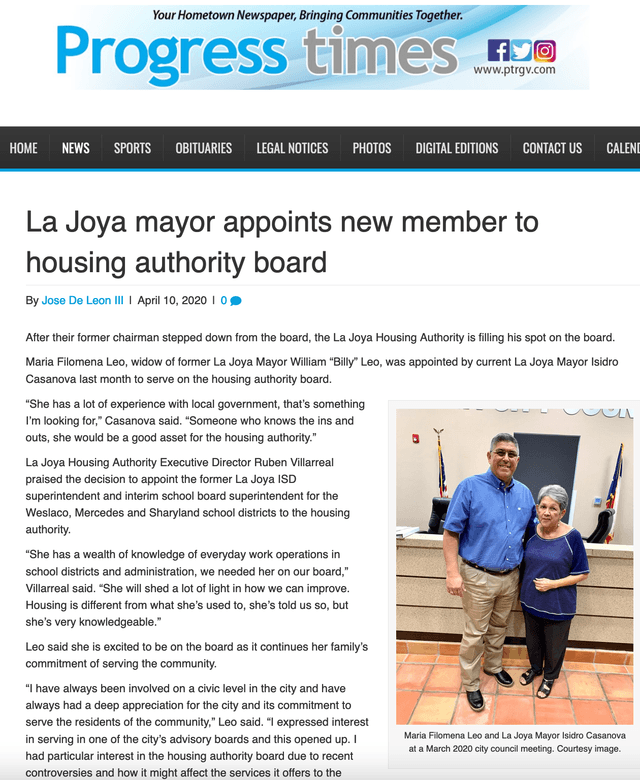 News Clipping of Leo’s appointment to the Housing Authority in La Joya, Texas.