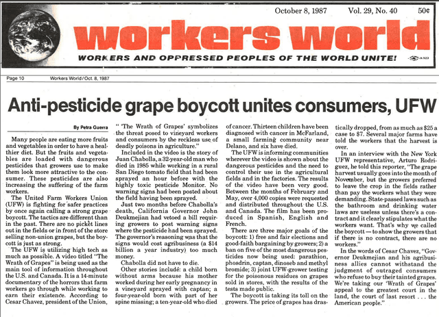 Guerra wrote about a UFW-organized grape boycott for Workers World in 1987.