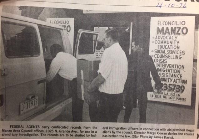 News clipping of federal agents raiding the Manzo Area Council office, 1976.