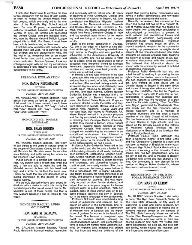 Text of Arizona Congressional Record where Rubio-Goldsmith is recognized for her service to the Tucson community by the Honorable Raúl Grijalva.