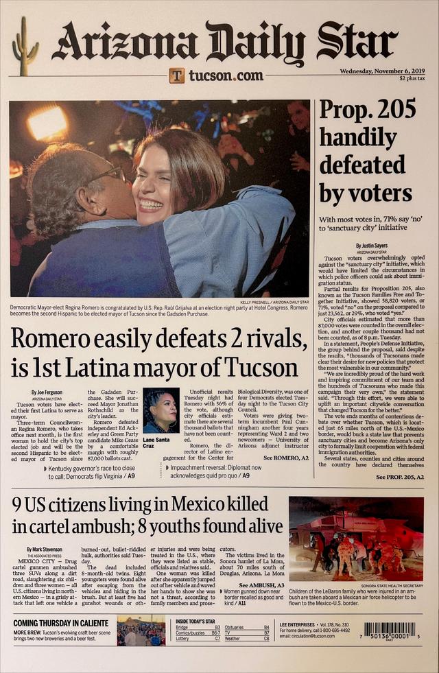 Victory for Mayor Regina Romero, 42nd mayor and first Latina. Here in 2019 cover article with a photo of her and U.S. Representative Raúl Grijalva.