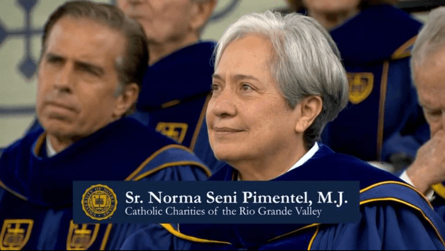 Sister Norma Seni Pimentel on receiving the Laetare Medal from the University of Notre Dame, May 2018.