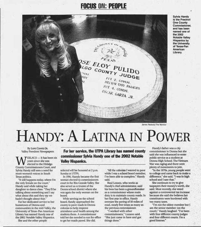 Handy was featured in 2002 for her service on the Hidalgo County Commissioners Court. From The Monitor, October 9, 2002.